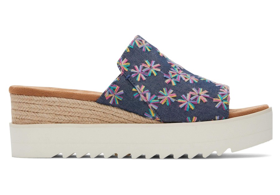 TOMS Diana Mule Blue Embroidered Floral Sandal | Dress Casual