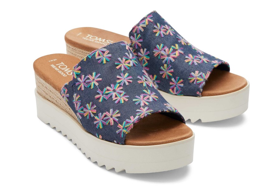 TOMS Diana Mule Blue Embroidered Floral Sandal | Dress Casual