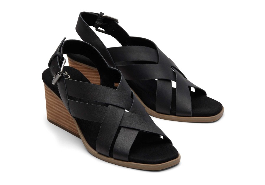 TOMS Gracie Black Leather Wedge Sandal | Dress Casual